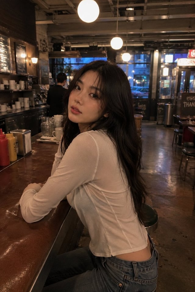 Ultra-realistic candid lifestyle photograph of a stunning young woman inside a stylish independent b