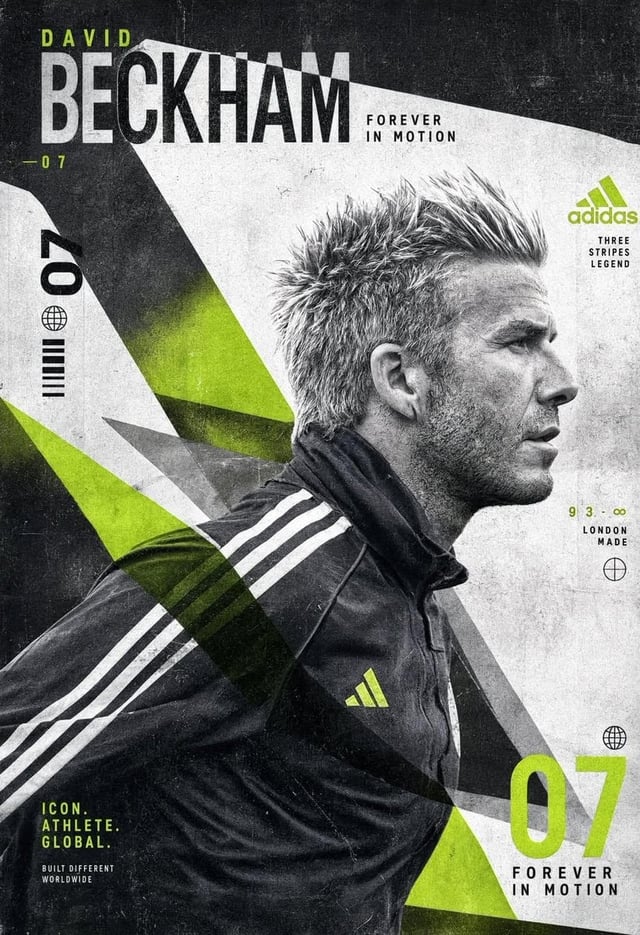 Create an experimental David Beckham poster built around a striking side-profile portrait captured d