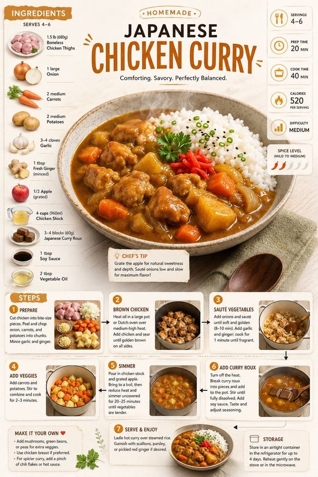 “Create an ultra-clean modern recipe infographic. Showcase a generous serving of Japanese Chicken Cu