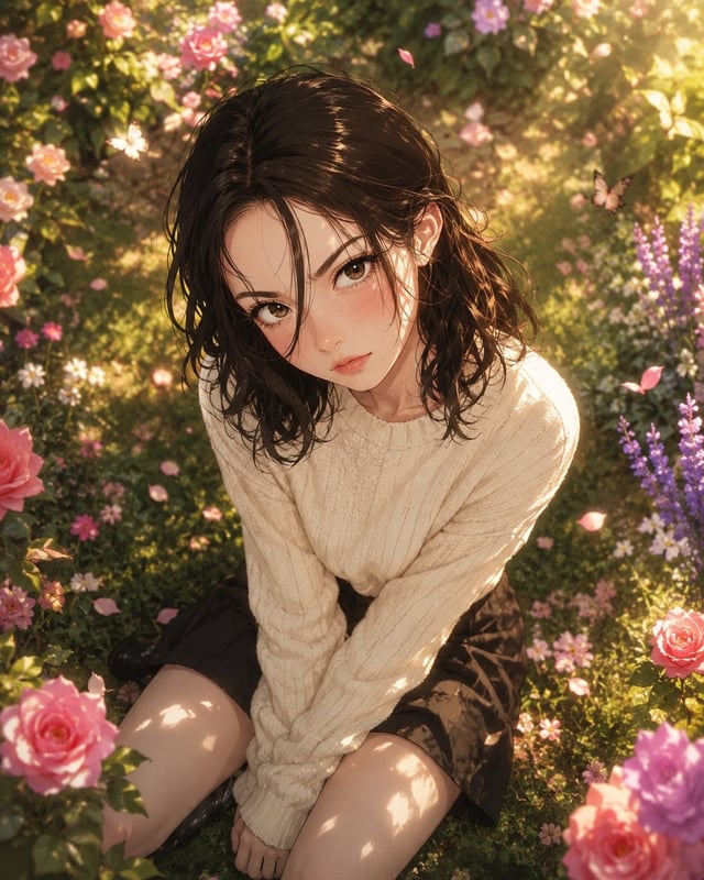 A breathtakingly beautiful young anime woman sitting gracefully in a lush spring garden, viewed from