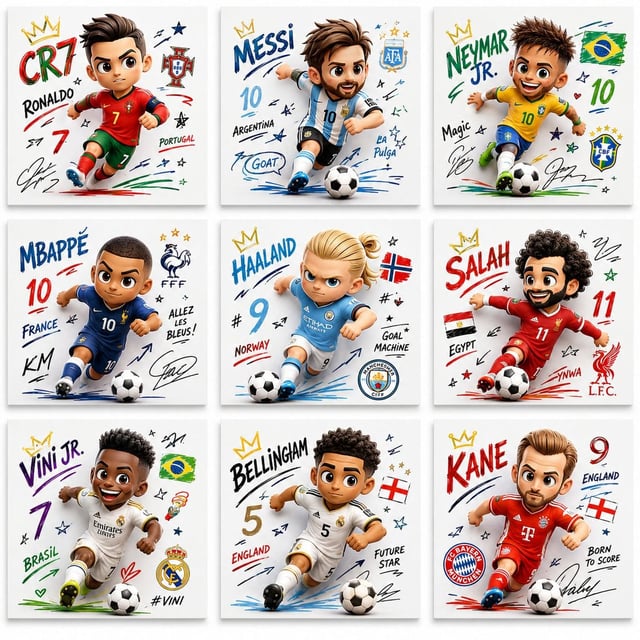 Create a collection of 9 square poster illustrations featuring famous football players in a cute chi