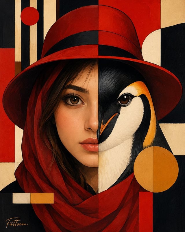 Create a premium fine-art surreal portrait inspired by geometric modernism and luxury editorial illu