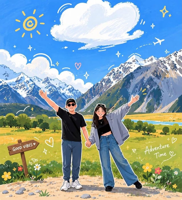 Transform the uploaded travel photo into a charming hand-drawn anime illustration while perfectly pr