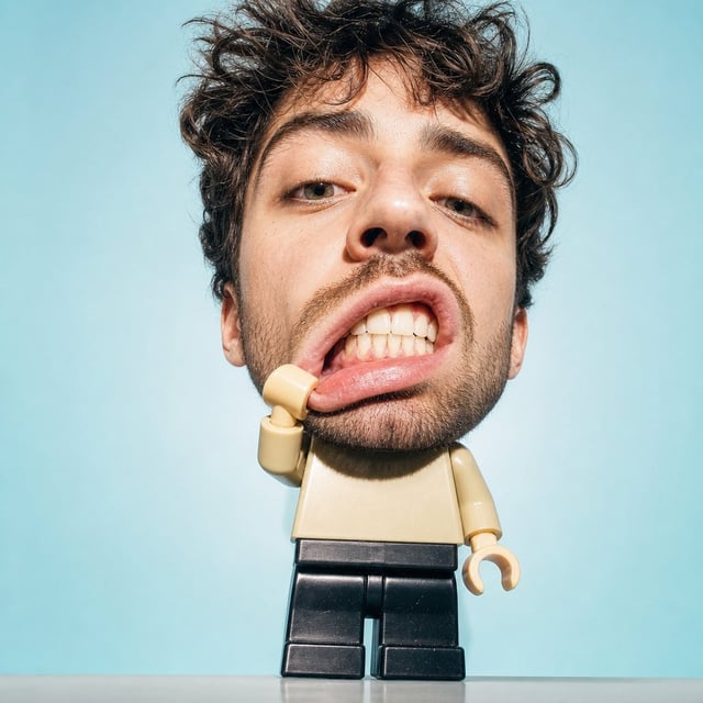 Create a surreal studio portrait of a man from an attached photo with a large-size photorealistic hu