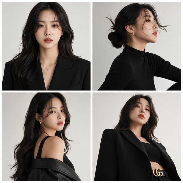 Create a premium high-fashion editorial series in a 2x2 grid layout, composed of four separate verti