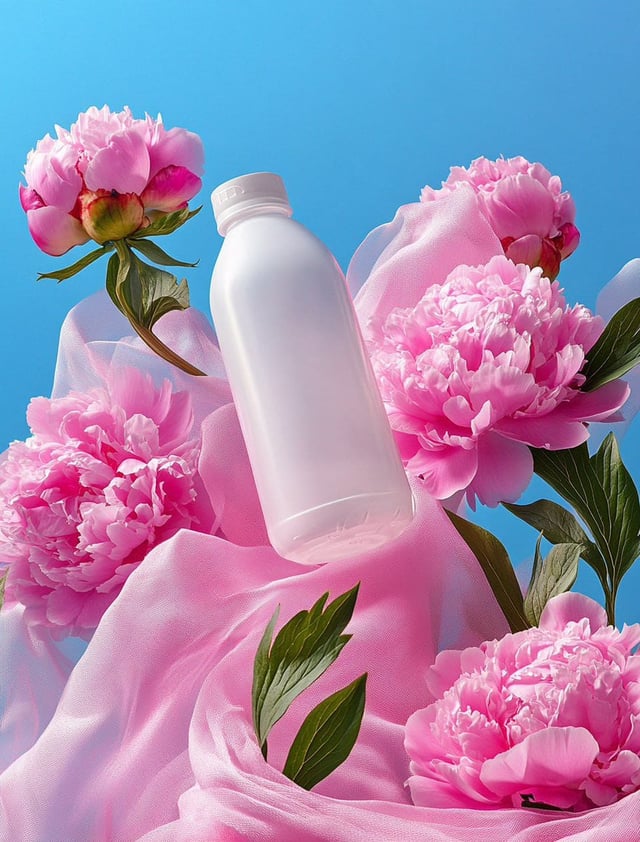 Product photography, "". photograph of a white plastic matte bottle-jug surrounded by pink peonies, 