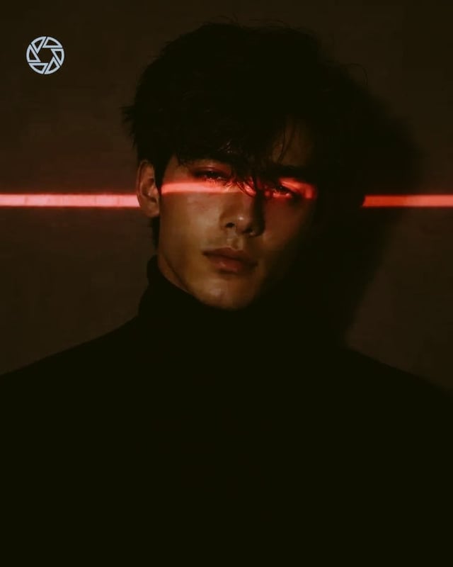 Ultra-realistic cinematic portrait of a young East Asian woman/man wearing a black fitted turtleneck