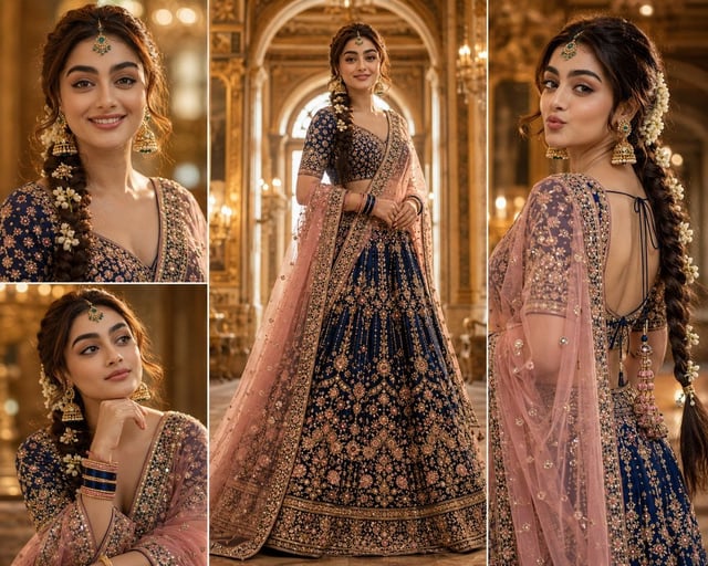 Ultra-realistic cinematic royal portrait collage featuring the same young South Asian woman from the