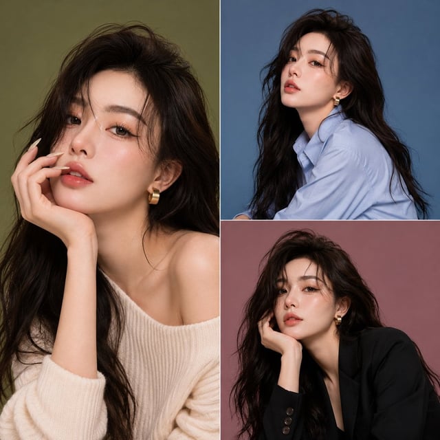 Ultra-detailed beauty portrait of a young Korean woman with flawless porcelain skin and long, slight