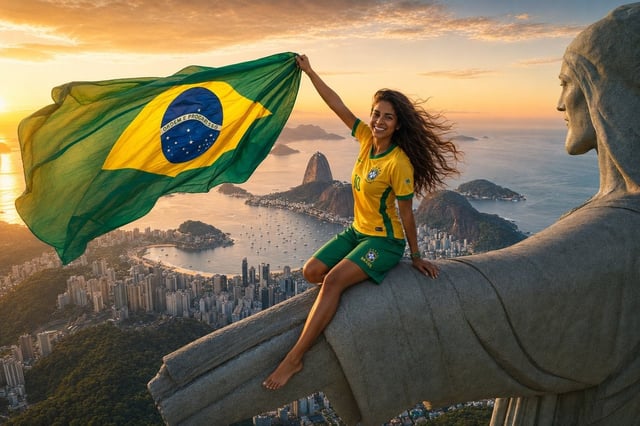 Young Brazilian football supporter with long wavy dark hair and a joyful expression, wearing a moder