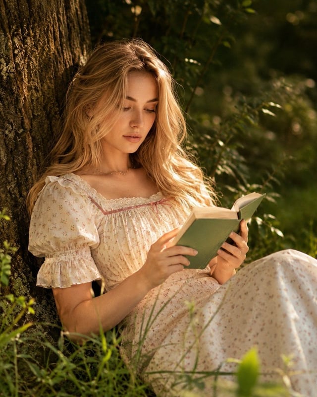 A dreamy cottagecore editorial portrait captured during golden hour in a peaceful woodland setting. 