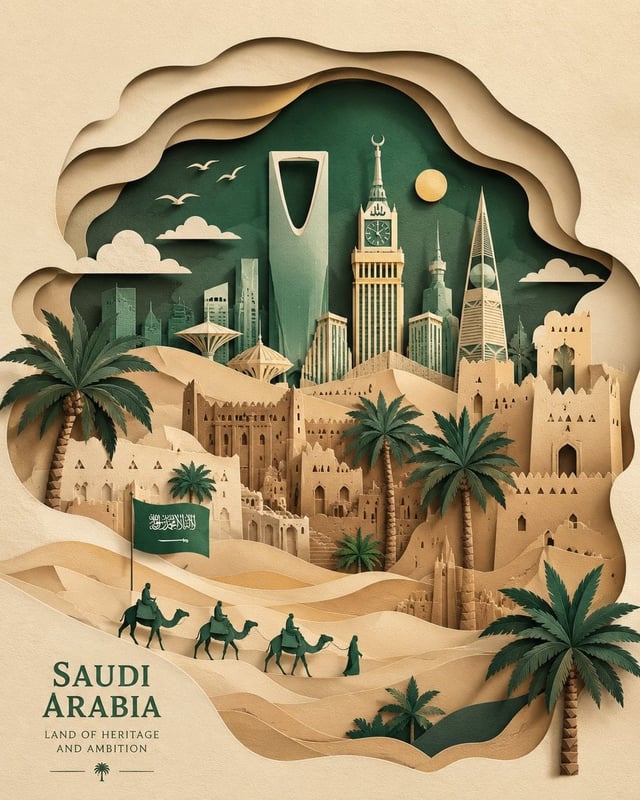Saudi Arabia paper-cut illustration, layered paper art style, desert dunes, palm trees, traditional 
