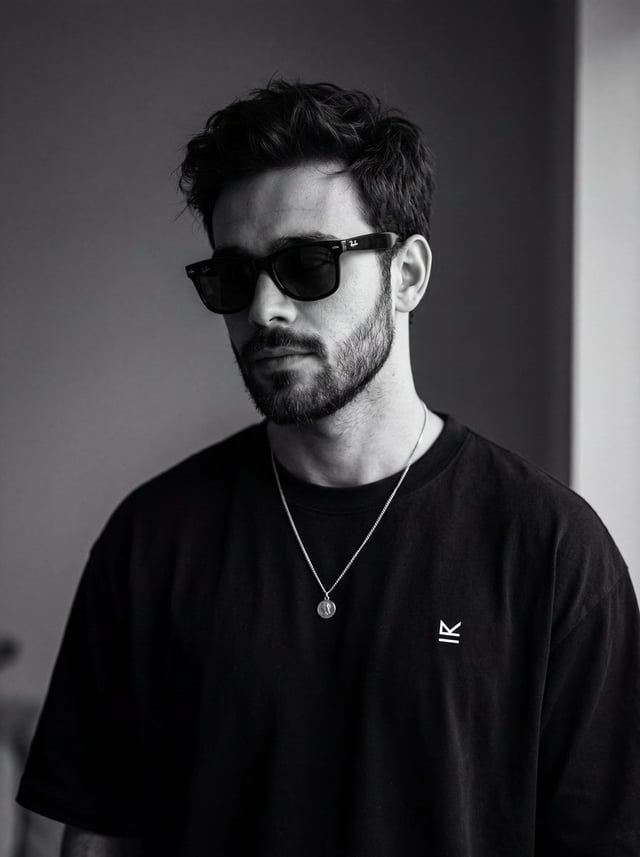 Ultra-realistic monochrome portrait of a young man wearing black wayfarer sunglasses, messy dark hai