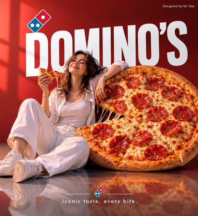 Minimalist commercial ad featuring oversized Domino’s Pepperoni Pizza, ultra-clean design. A young w