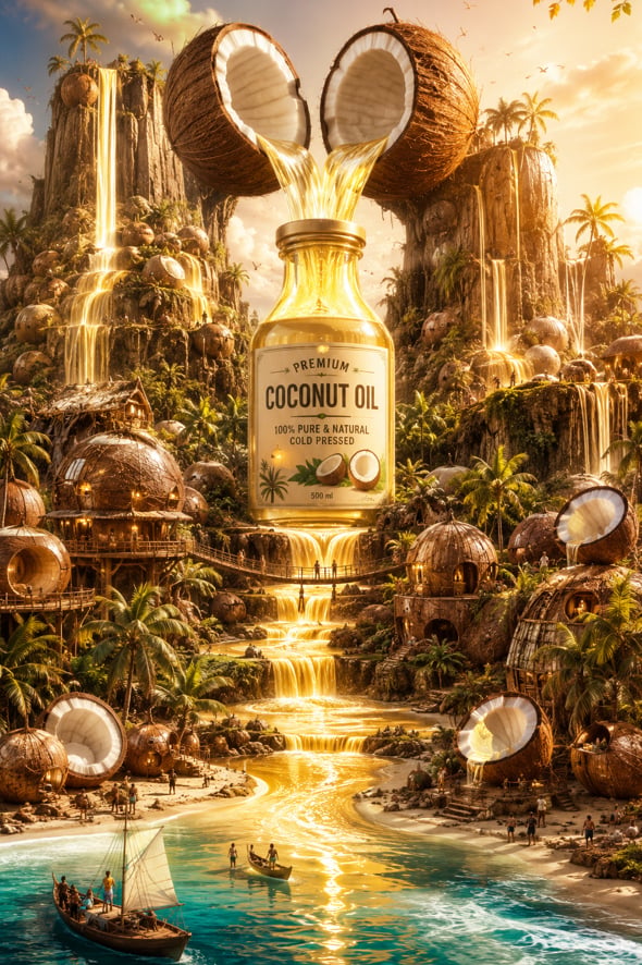Epic surreal advertising artwork showcasing a luxurious coconut oil bottle as the heart of a vast tr