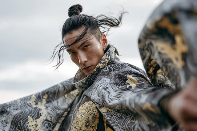 A high-fashion editorial portrait of a [Subject] wearing avant-garde garments crafted from flowing t