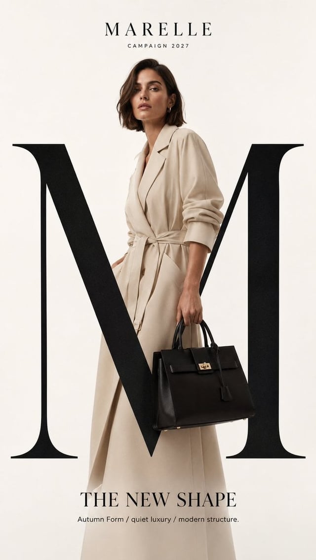 Create a high-end luxury fashion campaign mockup with strong typography, realistic fashion photograp