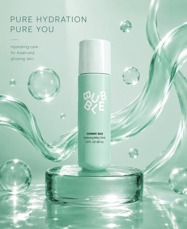 (Luxury skincare product advertisement), (cool mint-green pastel theme), premium cosmetic bottle on 