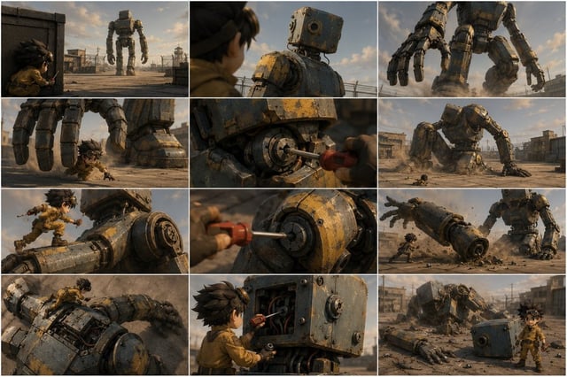 Turn the VIDEO PROMPT below into one finished storyboard contact sheet. Break the visible action int