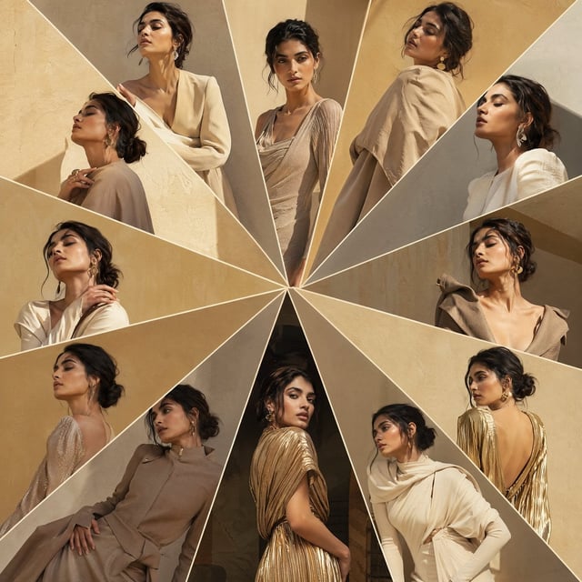 A 1:1 editorial composition with a radial sunburst structure where portrait panels extend outward li