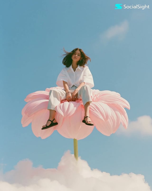 Photorealistic high-fashion editorial image, vertical 4:5. A young adult fashion model sitting calml