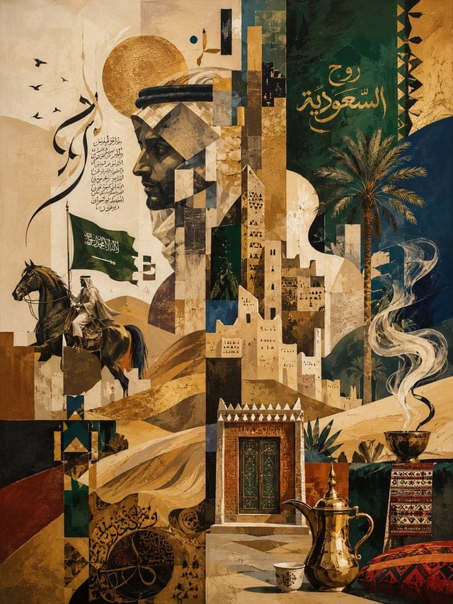 Saudi abstract illustration, contemporary Saudi art, abstract interpretation of Saudi culture and id