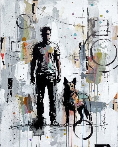 Contemporary mixed-media urban painting of [Human Name], wearing [Clothing Style], [Pose Description