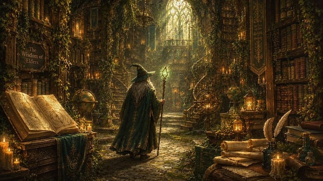 An enchanting illustration of [Subject] surrounded by lush [Environment], detailed foliage, atmosphe