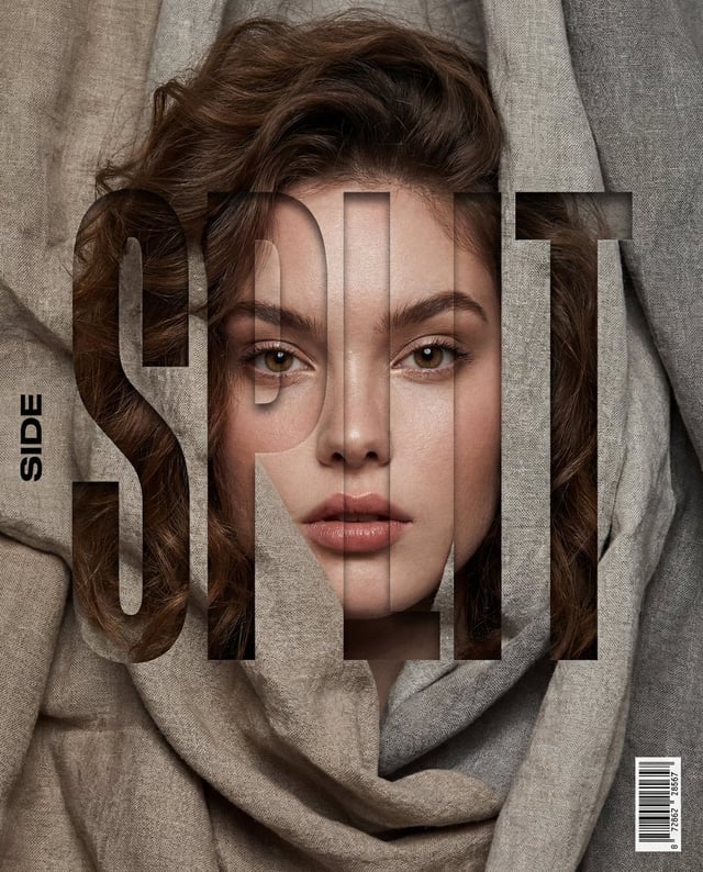 Vertical editorial poster portrait of [Character] with [Hair], face tightly framed behind crumpled [