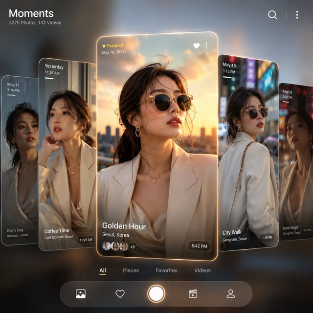 Aspect ratio 1:1, ultra-modern fashion editorial designed like a luxury smartphone gallery interface