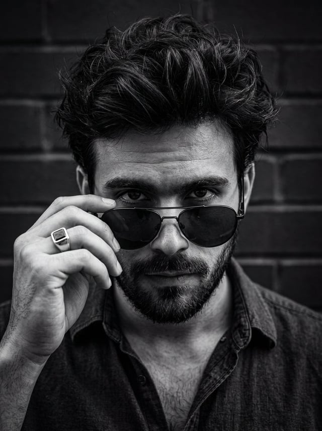 A close-up, high-contrast black and white portrait of a man looking directly into the camera with an