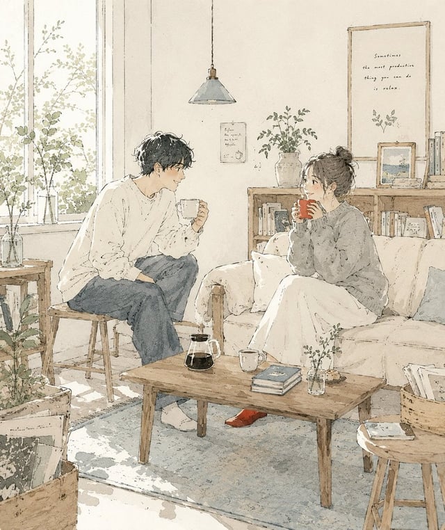 Create a delicate contemporary Japanese lifestyle illustration with a cozy slice-of-life atmosphere.