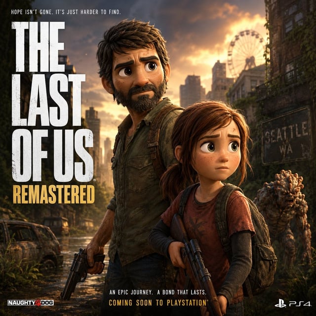 Pixar-style movie poster reimagining of the video game [Video Game]. Feature the main characters as 