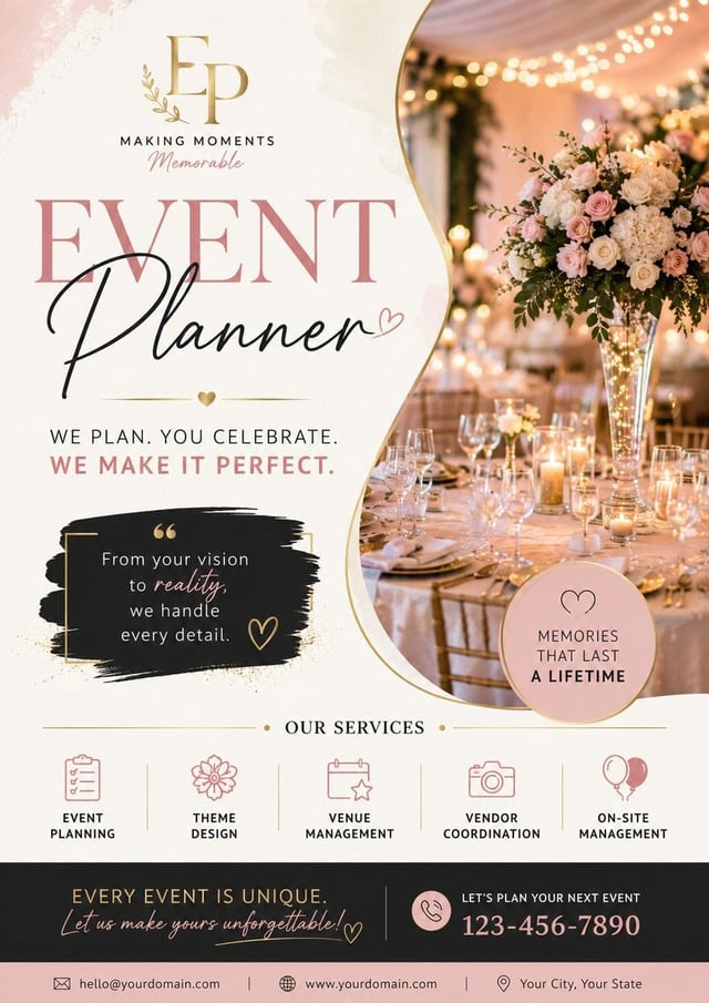 Create a high-resolution, print-ready A4/A3 portrait event planner advertisement poster with a luxur