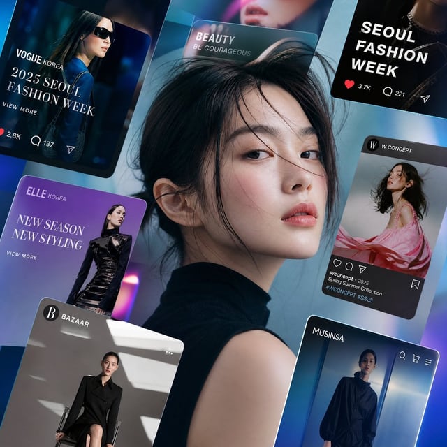 Luxury fashion editorial where a giant crystal prism contains multiple refracted views of a Korean f