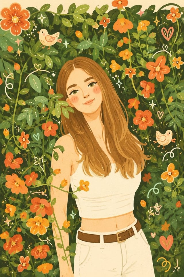 Transform this photo into a whimsical folk flat illustration with doodle elements. Preserve the orig