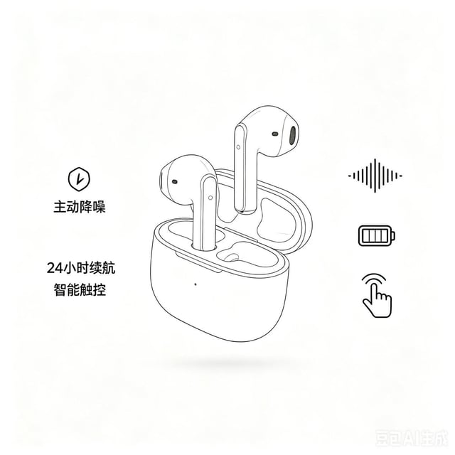一款无线降噪耳机的电商主图，极简风格，白色背景，突出产品，加入卖点文案和图标，适合电商平台使用。