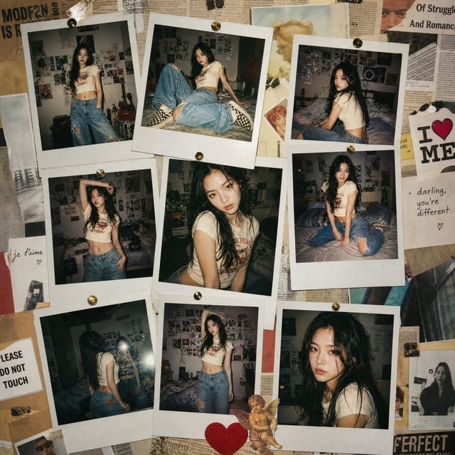 Ultra-realistic Y2K fashion editorial composed entirely of overlapping Polaroid photographs pinned o