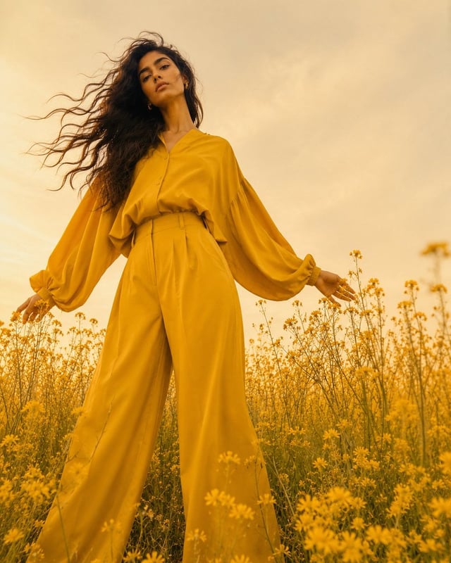 Full-body fashion editorial shot, woman in monochromatic mustard-yellow oversized blouse and wide-le