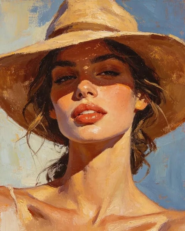 Masterpiece oil painting portrait of a beautiful young woman wearing a wide-brim tan hat, dark wavy 