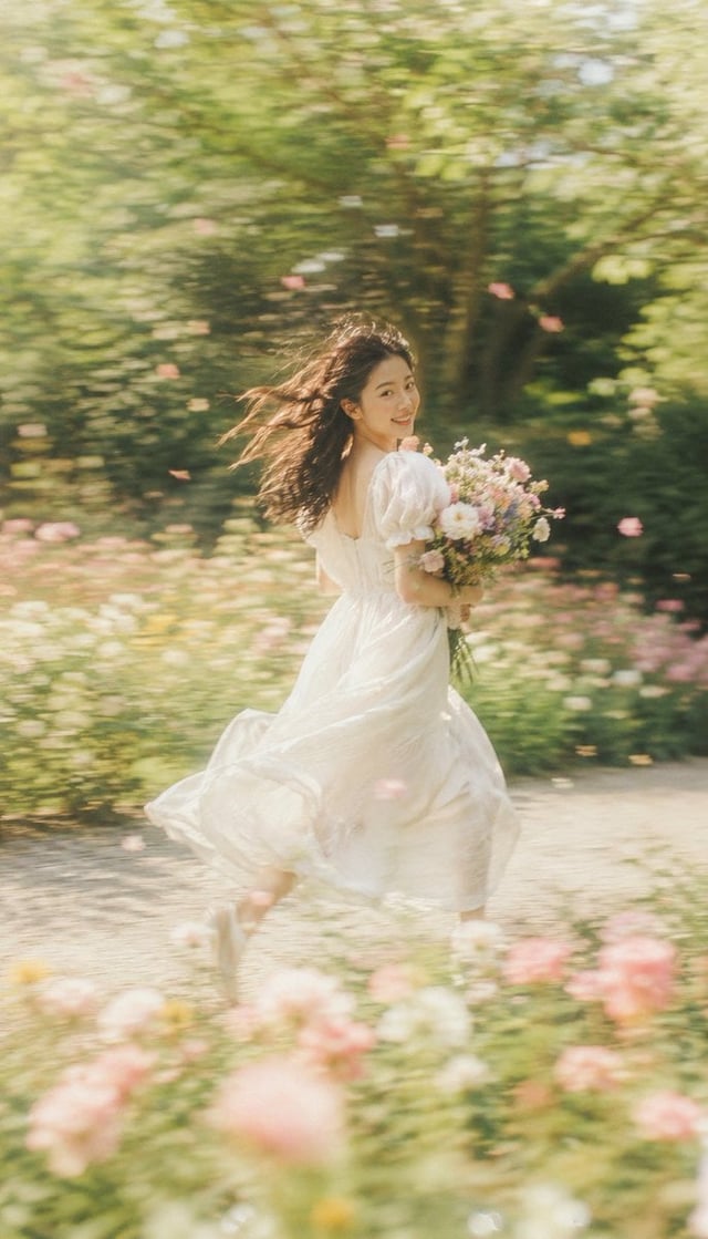 Create a 9:16 vertical dreamy slow-shutter garden portrait photography image titled “Dreamlike Her”.