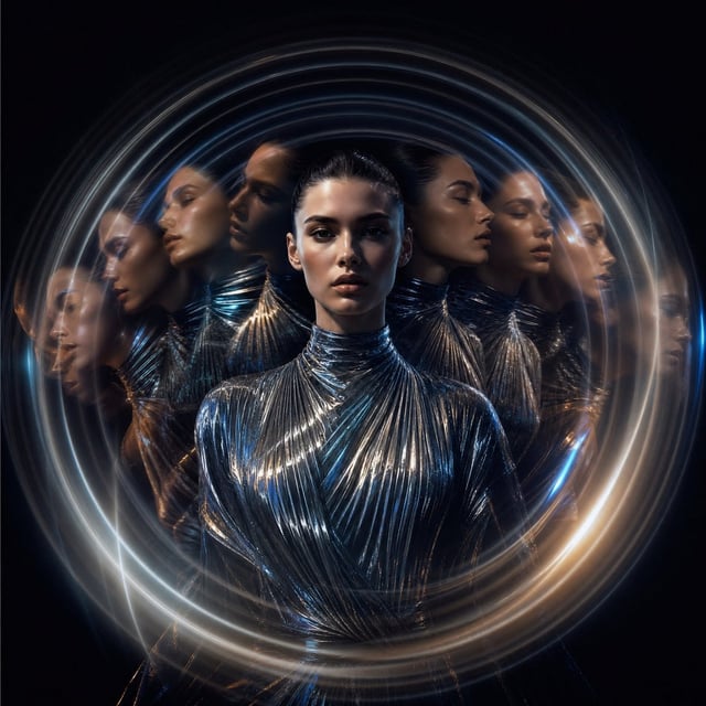 Aspect ratio 1:1. Ultra-realistic fashion editorial cover featuring a fashion muse surrounded by con