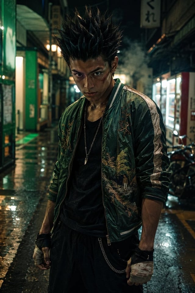 Hyper-realistic cinematic portrait of [Character Name], reimagined as a Japanese yankee delinquent, 