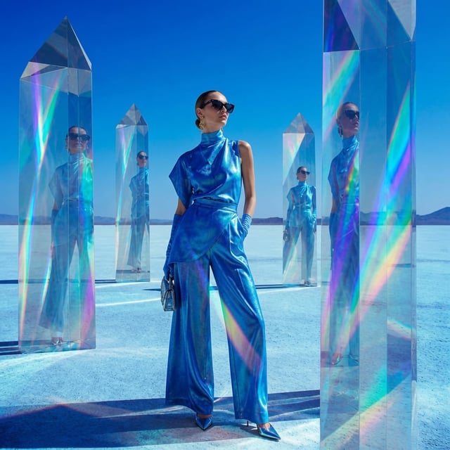 A world-class luxury fashion campaign set in a vast minimalist white desert, where enormous transluc