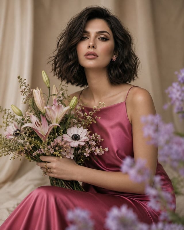An elegant fashion editorial portrait of a young woman with a tousled chin-length dark brunette bob,
