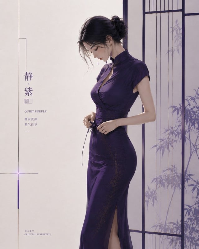 主体内容：一位明确成年的东方女性站在极简屏风前，低头整理腰间细带或腰封，身体微微侧向画面 