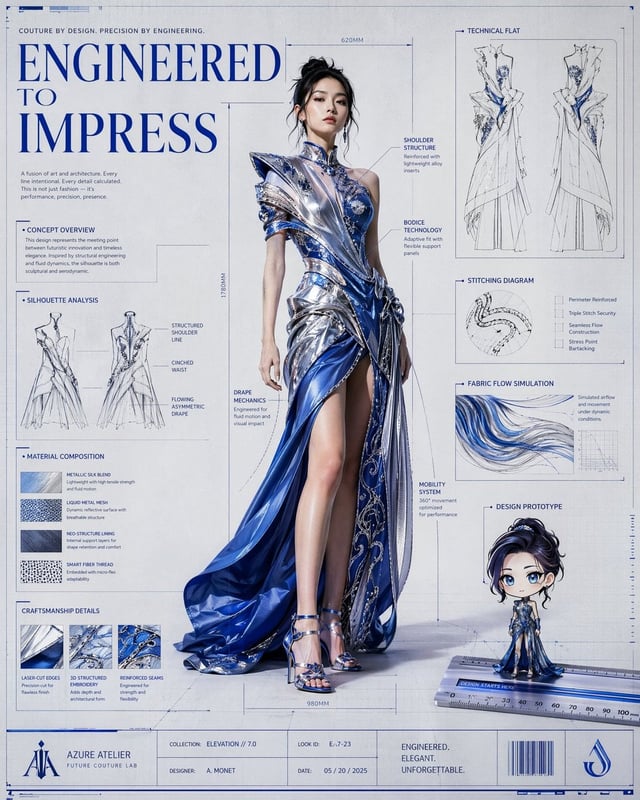Hyper-realistic luxury fashion campaign poster designed as a giant architectural blueprint.  A styli
