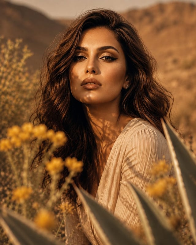 A luxury beauty editorial close-up of a confident young woman with shoulder-length chestnut curls ge