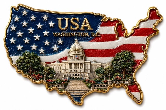 Ultra-detailed 3D souvenir fridge magnet in the exact shape of the map outline of [Country], featuri