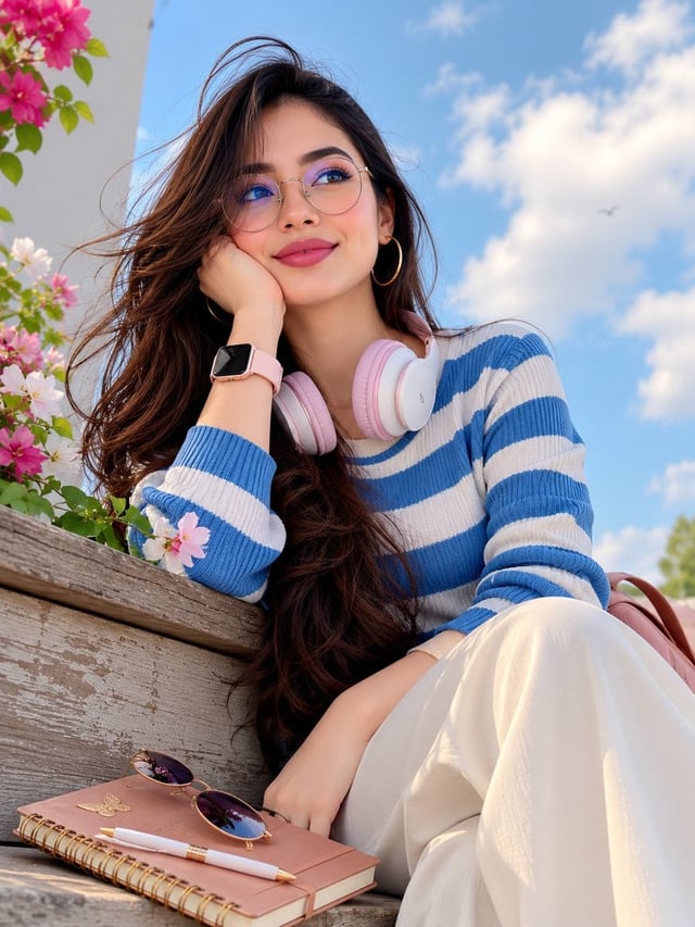 Photorealistic vertical portrait of a young woman outdoors against a bright sky filled with soft, fl